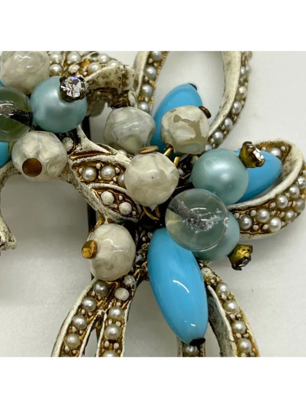 Vintage Coro Pin Brooch With Faux Pearls Faux Turquoise Beads, Floral Bow READ